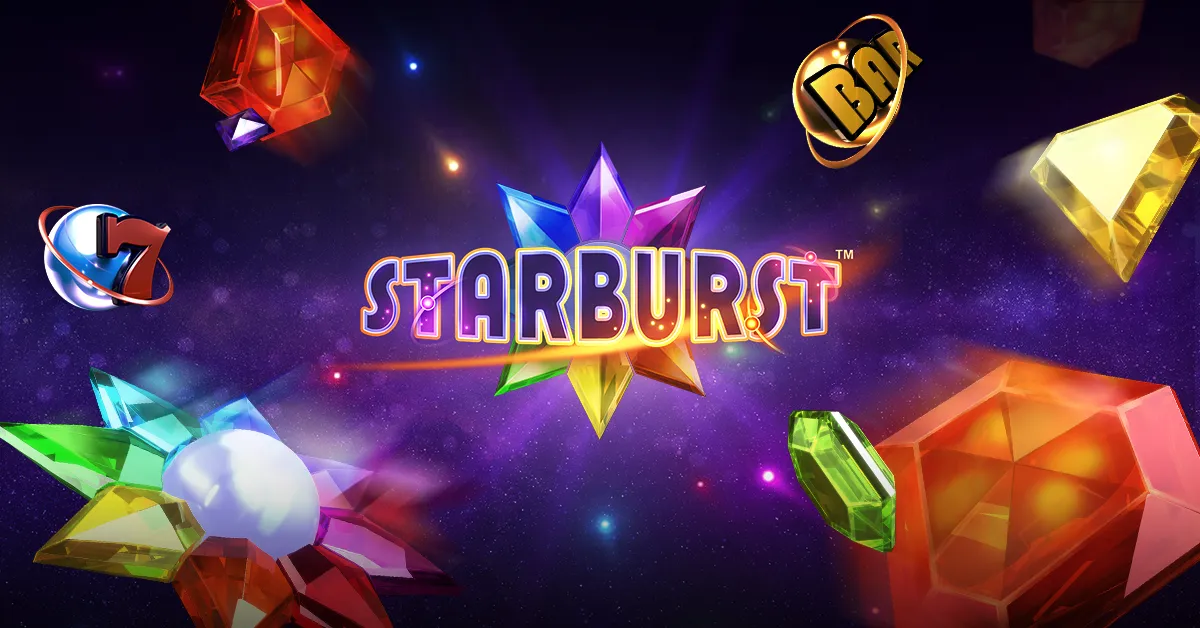 Starburst slot game showing colorful neon gems, expanding wild stars, and cosmic space background